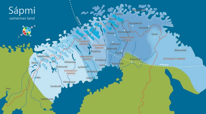 Karta över Sapmi i Norge, Sverige, Finland och Ryssland.